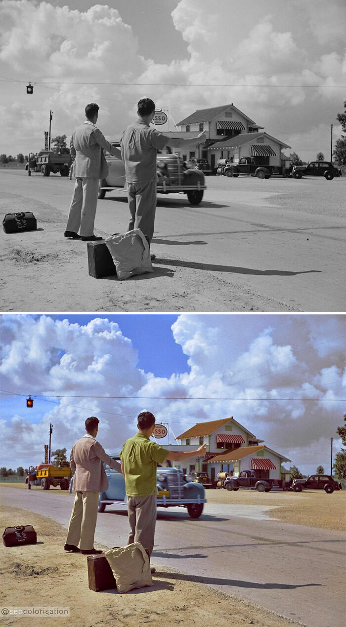 Chicos universitarios haciendo autostop para volver a casa durante el fin de semana, cerca de Natchitoches, Luisiana. Fotografiado por Marion Post Wolcott en junio de 1940