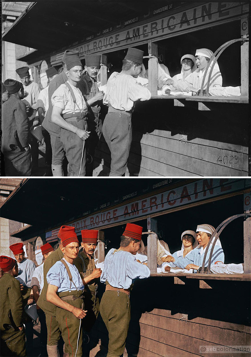 American Women Workers Serving Algerian Fusiliers With Sandwiches At The American Red Cross Military Canteen At Juvisy, 1918
