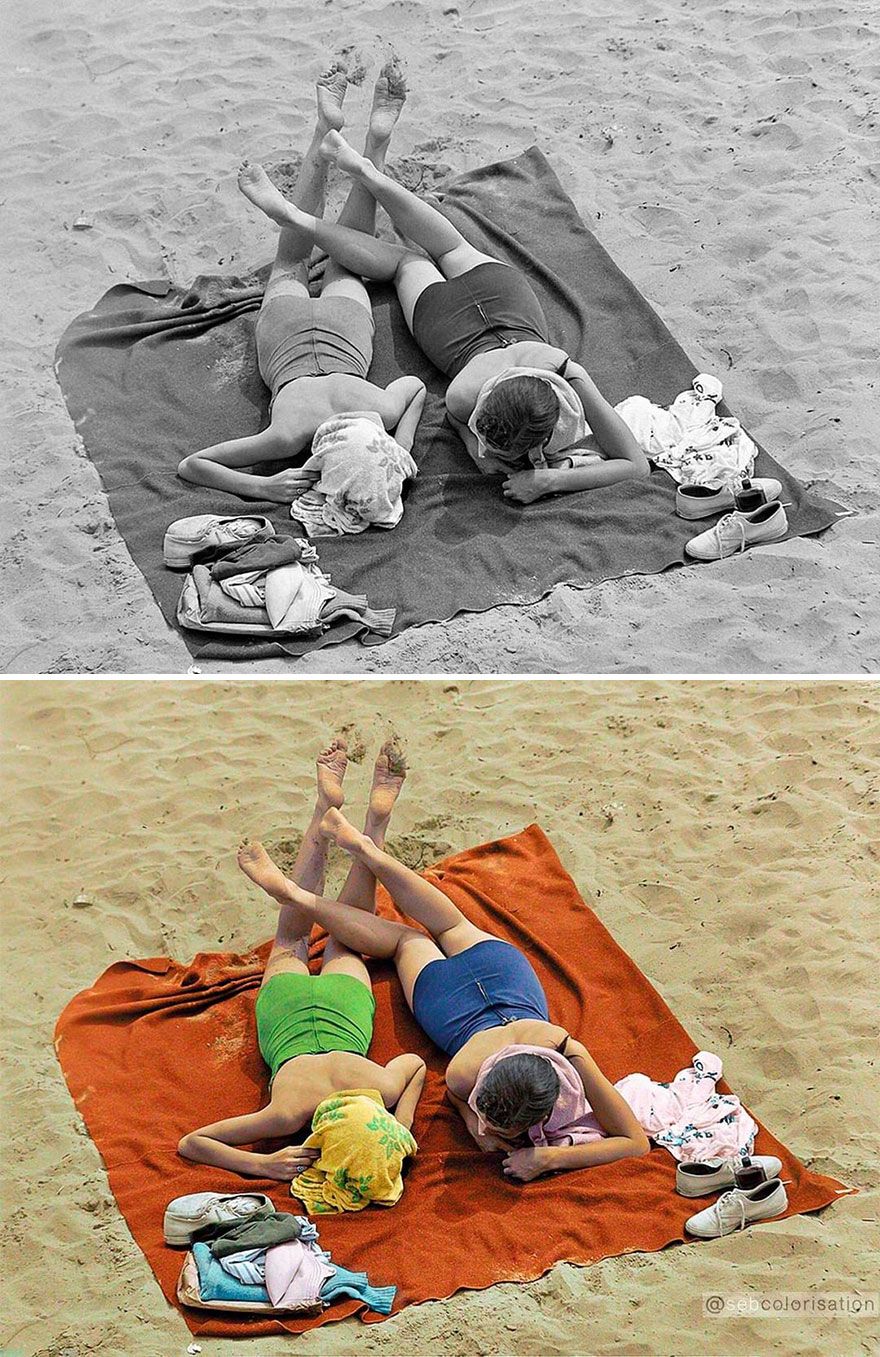 Two Girls Sunbathing At The Revere Beach, Massachusetts, Photographed By Leslie Jones In 1937
