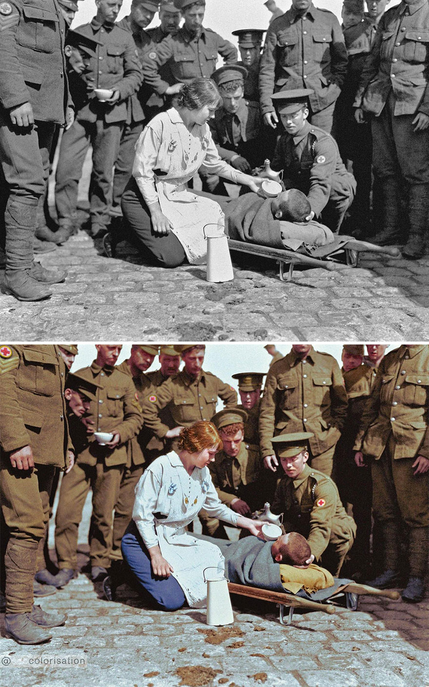 Civilians And Soldiers Of The Royal Army. Medical Corps Distributing Refreshments The Wounded British In France, 1916