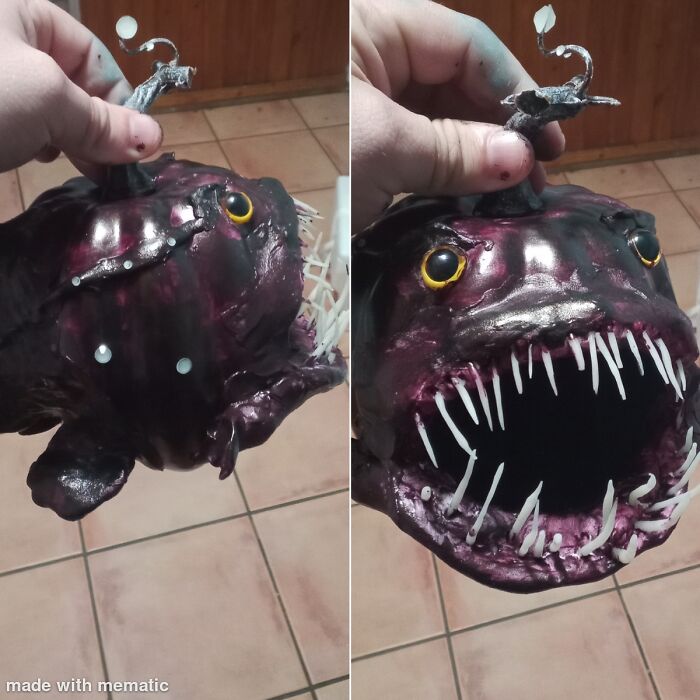 Styrofoam Pumpkin My Boss Had Us Decorate For Work. It's An Aquarium Store, So I Did A Deep Sea Anglerfish