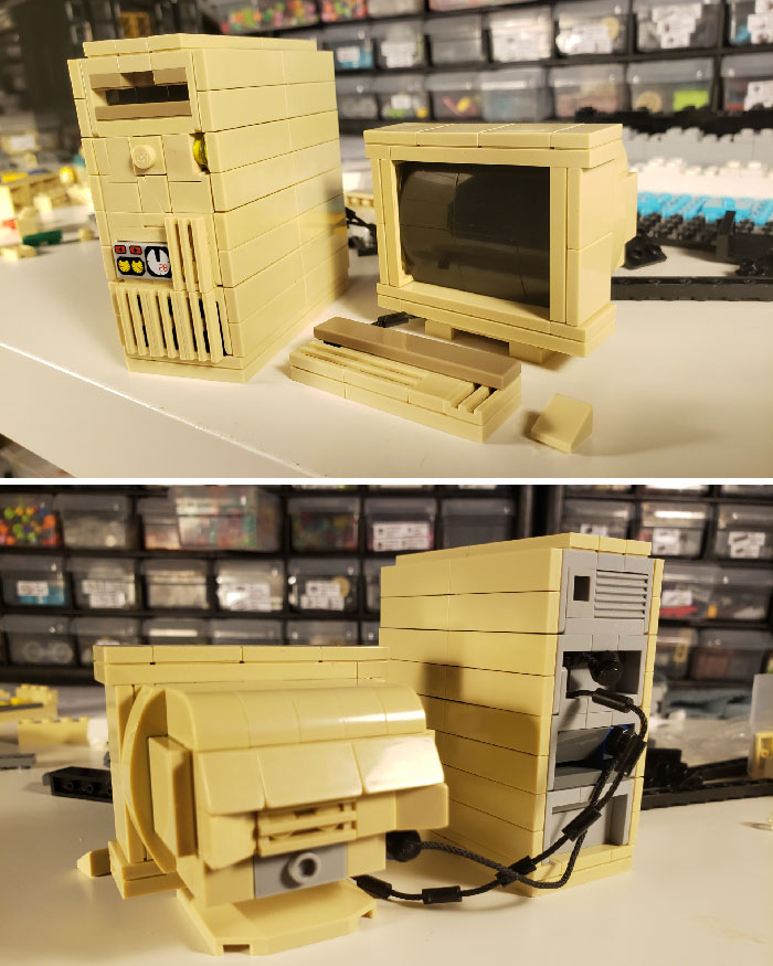 Vintage computer and monitor intricately crafted with LEGO pieces, showcasing impressive LEGO builds as real works of art.