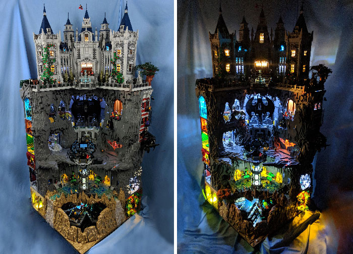 Intricate LEGO builds featuring a detailed illuminated castle with multiple rooms and vibrant lighting effects at night.
