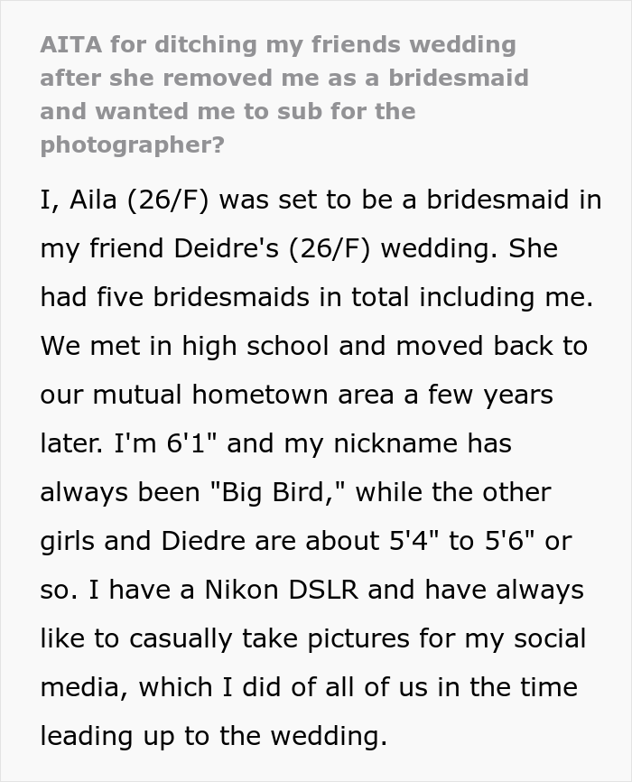 This Woman Is Told She's No Longer A Bridesmaid And Has To Take Pictures Instead, So She Just Leaves The Wedding This Woman Is Told She's No Longer A Bridesmaid And Has To Take Pictures Instead, So She Just Leaves The Wedding