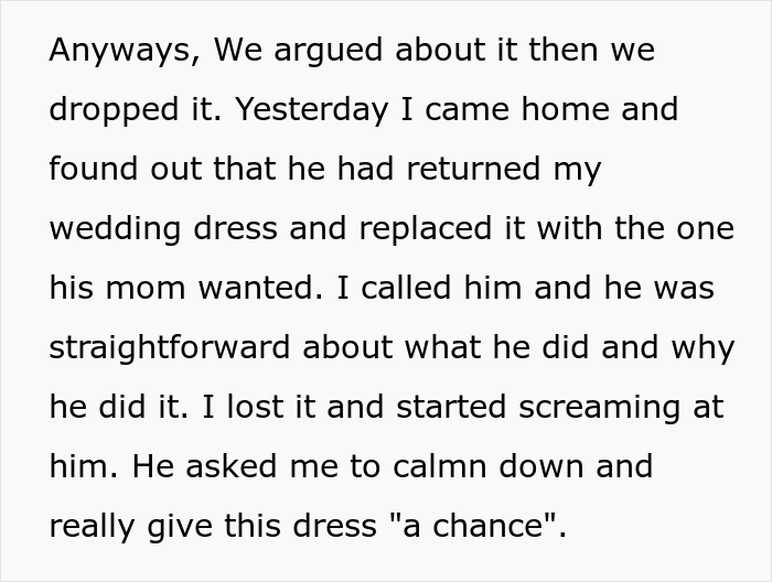 Man Returns His Fiancée’s Wedding Dress To Respect His Mom’s “Vision”, Gets Screamed At Man Returns His Fiancée’s Wedding Dress To Respect His Mom’s “Vision”, Gets Screamed At