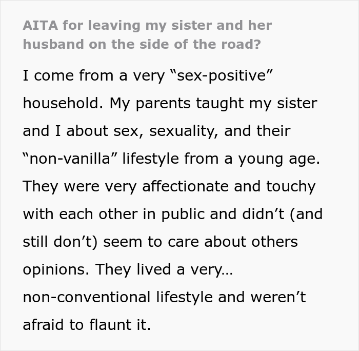 "AITA For Leaving My Sister And Her Husband On The Side Of The Road?" "AITA For Leaving My Sister And Her Husband On The Side Of The Road?"