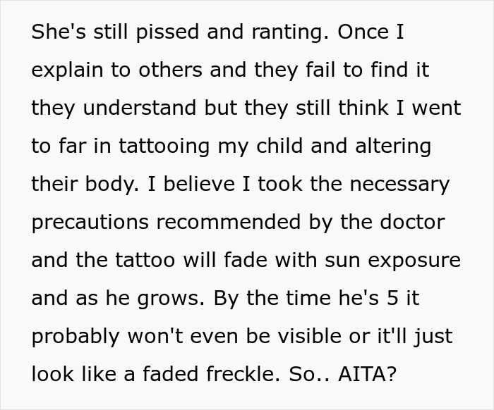 Medical tattoo controversy text about fading child tattoo instructions.