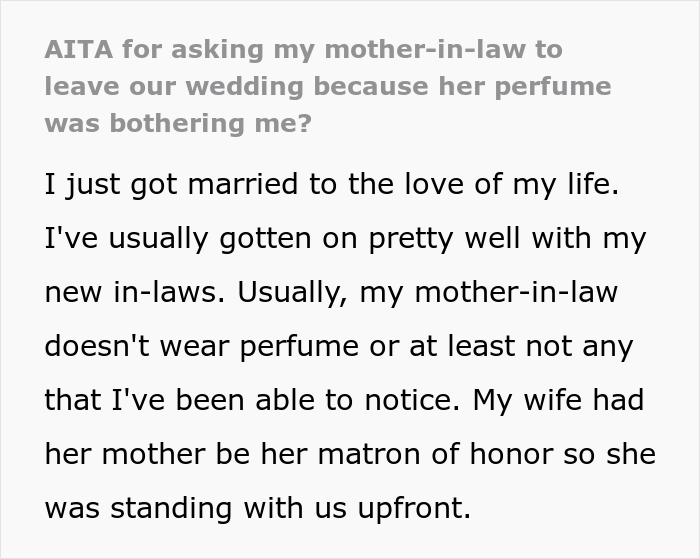 "Am I The Jerk For Asking My MIL To Leave Our Wedding Because Her Perfume Was Bothering Me?"