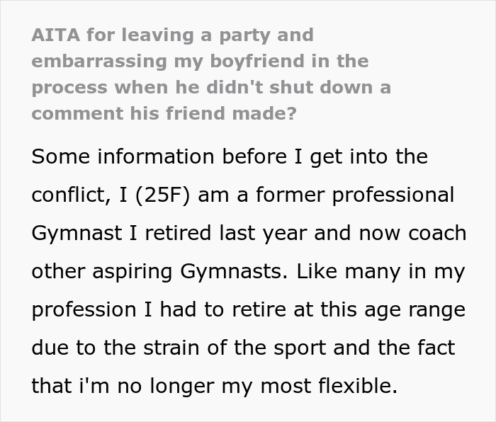Woman Leaves Party After Enduring Insensitive Jokes About Her Being A Gymnast, Gets Slammed By Boyfriend For “Overreacting” Woman Leaves Party After Enduring Insensitive Jokes About Her Being A Gymnast, Gets Slammed By Boyfriend For “Overreacting”