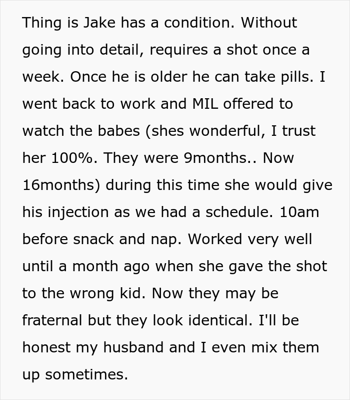 Screenshot of a text story about a mom's decision for a medical tattoo for her twin.