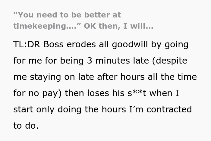 Employee Decides To Stop Working Overtime After Getting In Trouble For Being 3 Minutes Late
