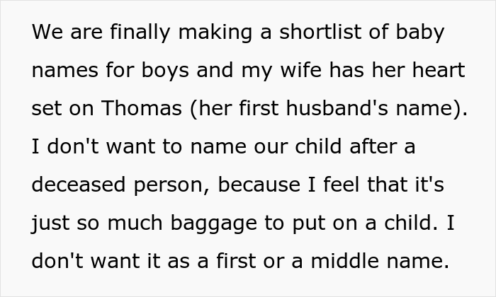 &ldquo;[Am I A Jerk] For Telling My Wife I Don&rsquo;t Want To Name Our Child After Her Late Husband?&rdquo;