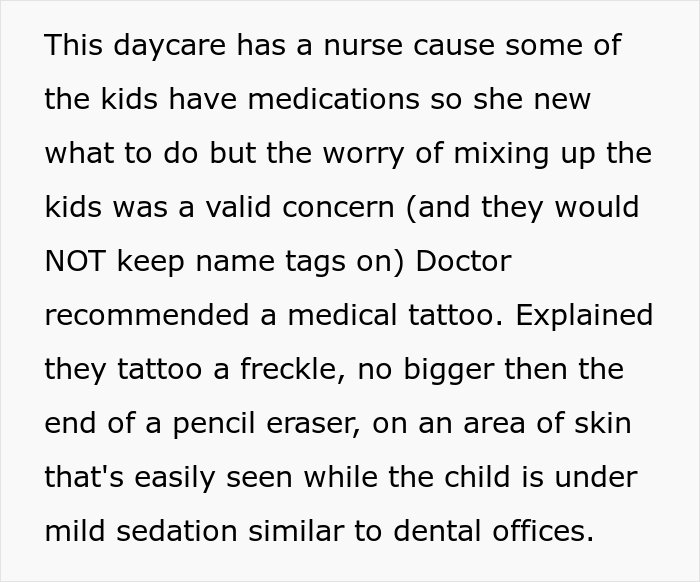 Text explains a doctor's recommendation for a medical tattoo on a child for identification in daycare.