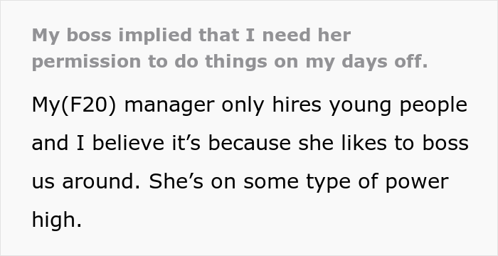 &ldquo;My Boss Implied That I Need Her Permission To Do Things On My Days Off&rdquo;