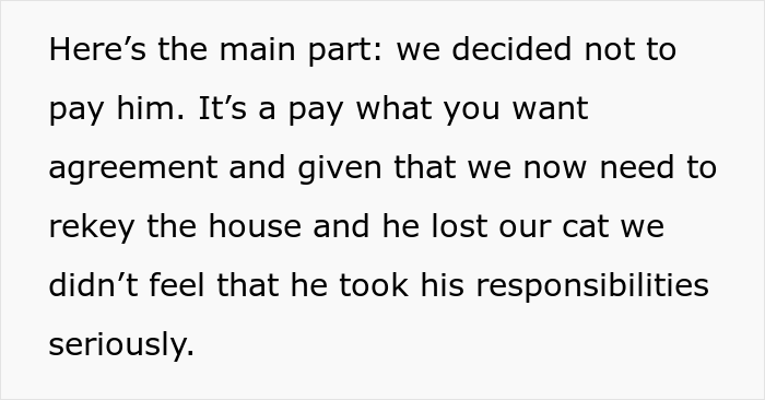 16 Y.O. Loses His Neighbor's Cat That He Was Supposed To Pet Sit, His Mom Is Upset About The Neighbors Refusing To Pay For His Work