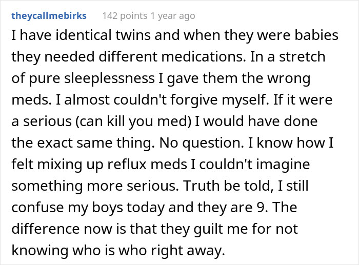 Text discussing confusion of identical twins' medications and mother's guilt.