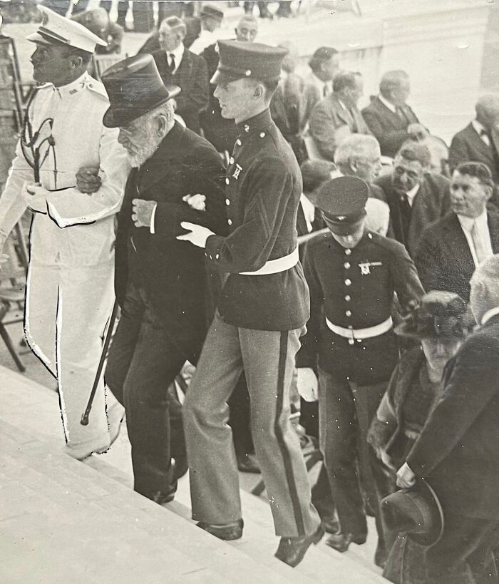 1922: 78-Year-Old Robert T. Lincoln (Son Of Abraham Lincoln) Is Helped Up The Steps At The Dedication Of The Lincoln Memorial In Washington D.c