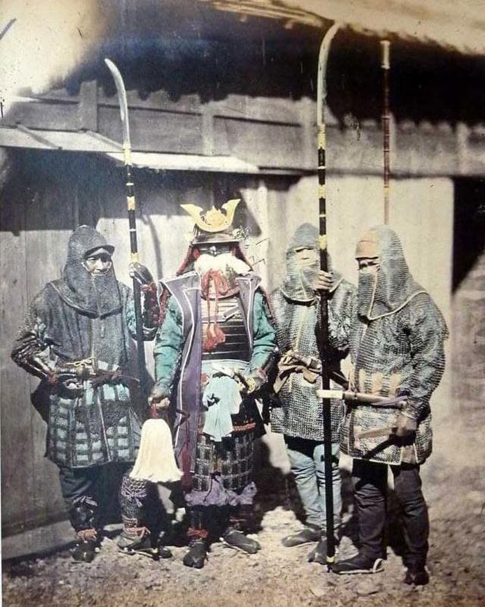A Samurai And His Retainers Wearing Mail Armor And Armed With Naginata, 1870
