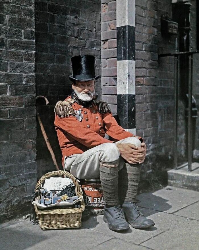 A War Veteran Sells Matches On The Street, In Canterbury, Kent. England - Circa. 1930