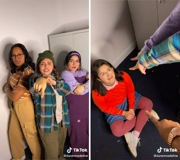 Four people in creative Halloween costumes posing indoors, showcasing unique and fun ideas for nailing Halloween this year.