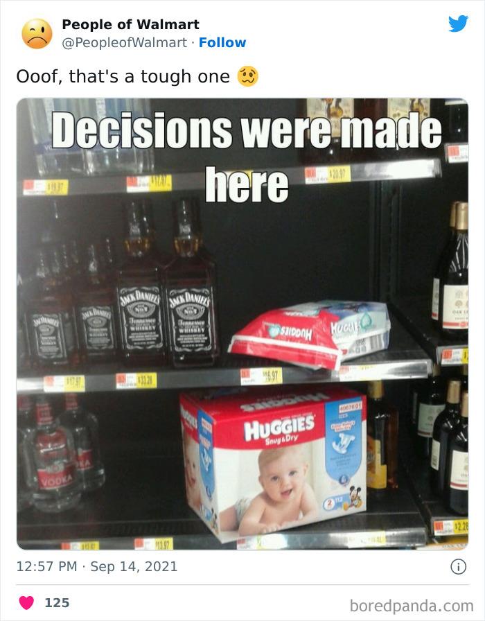 Walmart shelf with Jack Daniels, vodka, and Huggies diapers, showcasing unexpected product choices.
