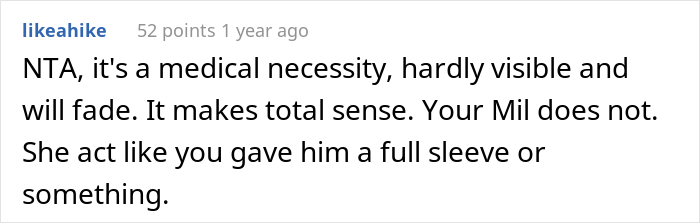 Reddit comment about mom's decision on son's medical tattoo, addressing MIL's reaction.