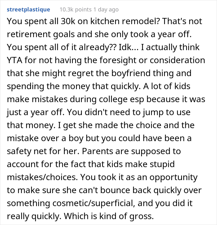 20 Y.O. Decided To Go Back To College, Found Out That Her Parents Spent All 30K They Saved Up For Her Education To Remodel Their Kitchen