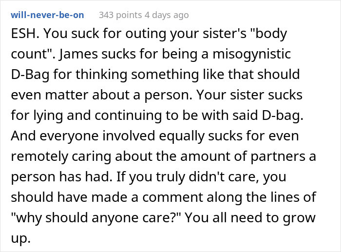 &ldquo;AITA For &lsquo;Exposing&rsquo; My Sister By Revealing Her &lsquo;Body Count&rsquo; To Her Misogynistic Boyfriend?&rdquo;