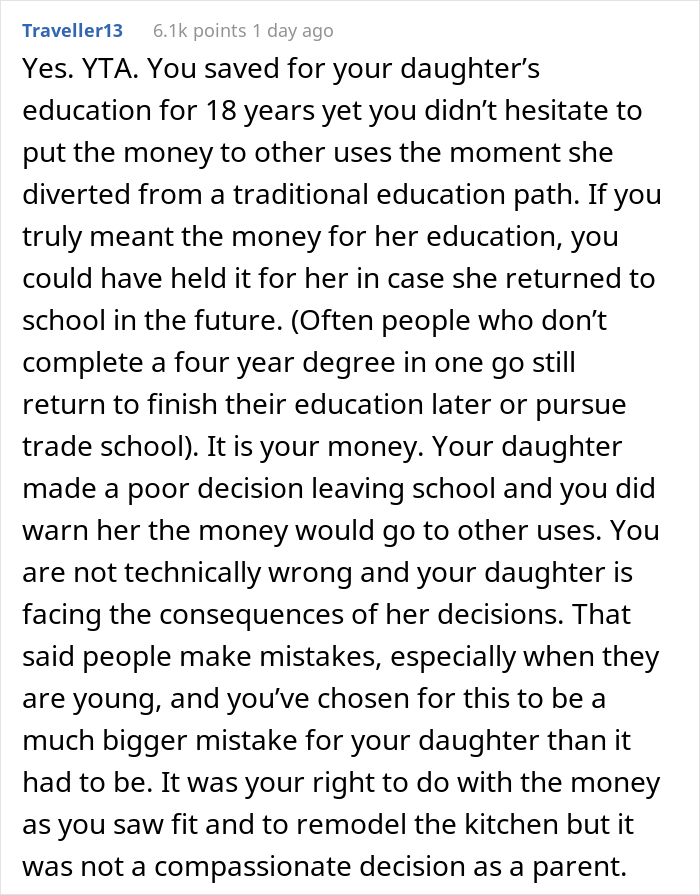 20 Y.O. Decided To Go Back To College, Found Out That Her Parents Spent All 30K They Saved Up For Her Education To Remodel Their Kitchen