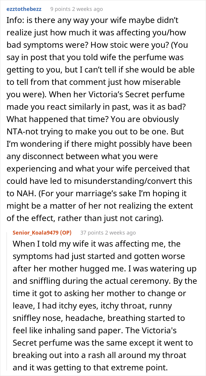 "Am I The Jerk For Asking My MIL To Leave Our Wedding Because Her Perfume Was Bothering Me?"
