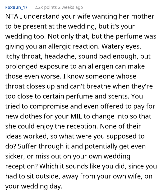 "Am I The Jerk For Asking My MIL To Leave Our Wedding Because Her Perfume Was Bothering Me?"