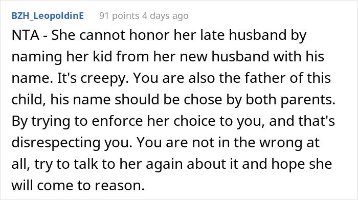 &ldquo;[Am I A Jerk] For Telling My Wife I Don&rsquo;t Want To Name Our Child After Her Late Husband?&rdquo;