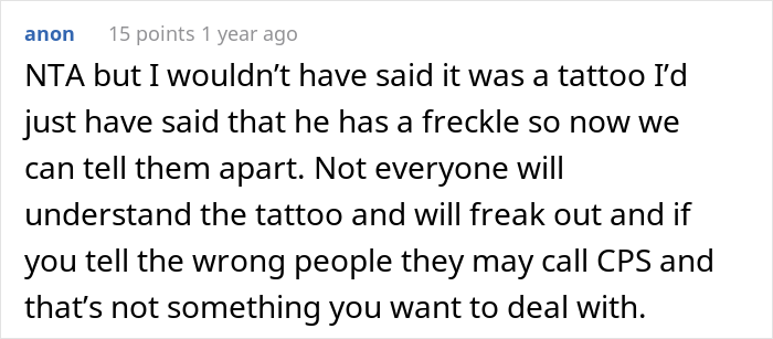 Comment discussing the use of a medical tattoo on twins to differentiate them, with concerns about public reaction.