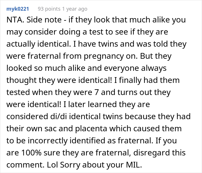 Comment discussing identical and fraternal twins, referencing testing and misidentification.