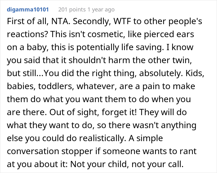 Reddit comment discussing reaction to medical tattoo for twin.