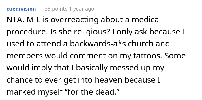 Comment about MIL's reaction to son's medical tattoo suggestion.