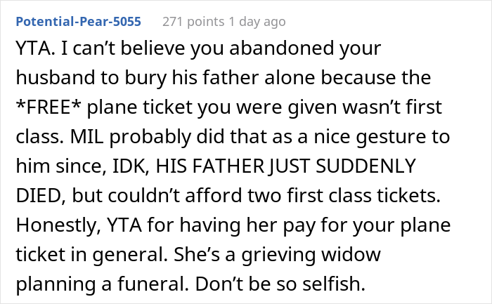 "He Was Crying The Whole Ride To The Airport": Husband Calls Wife Pathetic And Cruel After She Skipped FIL's Funeral Because MIL Bought Her An Economy Ticket "He Was Crying The Whole Ride To The Airport": Husband Calls Wife Pathetic And Cruel After She Skipped FIL's Funeral Because MIL Bought Her An Economy Ticket