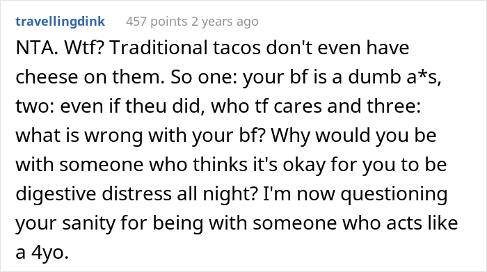 Boyfriend Gets Called 'Raging Douchecanoe' After Secretly Putting Cheese Into His Lactose Intolerant Girlfriend's Tacos