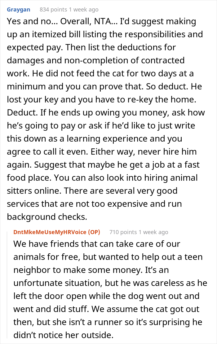 16 Y.O. Loses His Neighbor's Cat That He Was Supposed To Pet Sit, His Mom Is Upset About The Neighbors Refusing To Pay For His Work