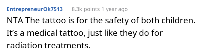 Reddit comment discussing a medical tattoo for child safety, emphasizing its protective purpose like in radiation treatments.