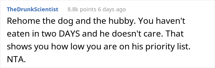 Woman Asks If She Is Being Selfish For Wanting Her Husband&rsquo;s Dog Gone When It Ate Her Food She Got For The First Time In 2 Days