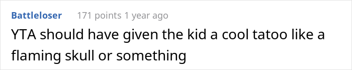 A comment discussing a tattoo option for a mom's son, referencing a flaming skull.