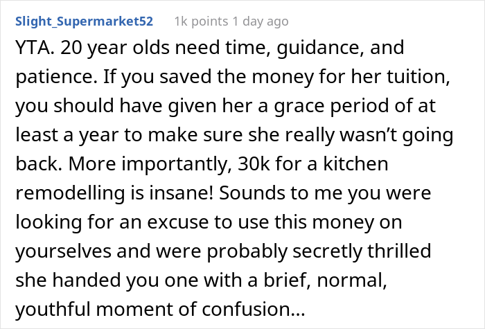 20 Y.O. Decided To Go Back To College, Found Out That Her Parents Spent All 30K They Saved Up For Her Education To Remodel Their Kitchen