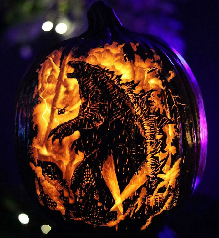 Hail To The King. Portrait Of Godzilla (King Of Monsters Era). I Carved This By Hand On A 14" Funkin Artificial Pumpkin
