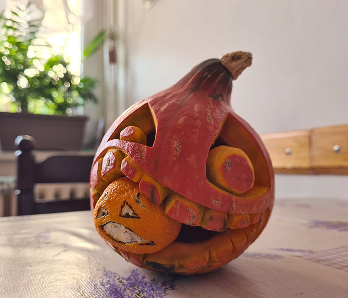 Small Carved Pumpkin Munching On Tangerine
