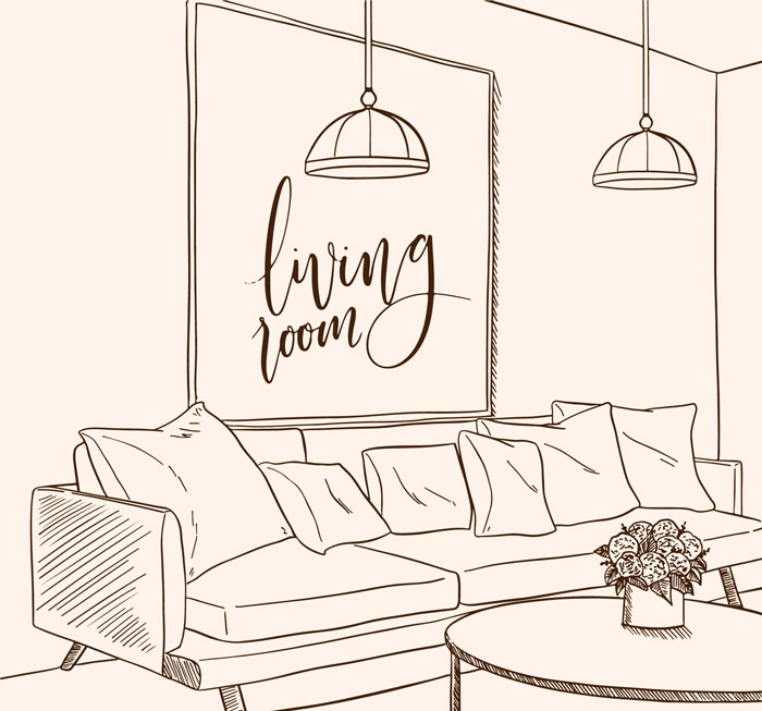 Line drawing of a living room with a sofa, cushions, and a coffee table, ideal for drawing prompts inspiration.