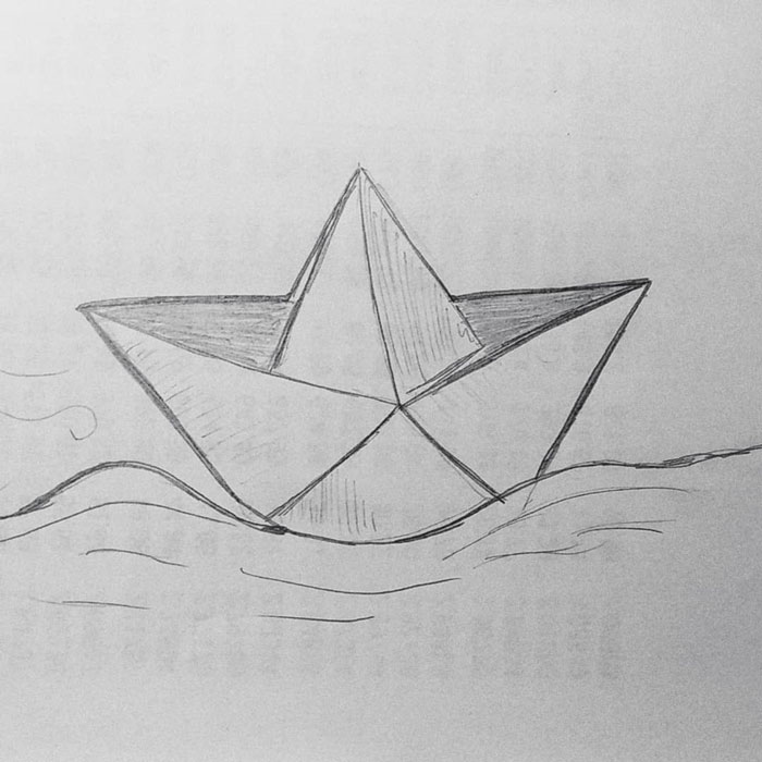 Simple pencil drawing of a paper boat floating on waves, featuring a creative prompt for drawing ideas.
