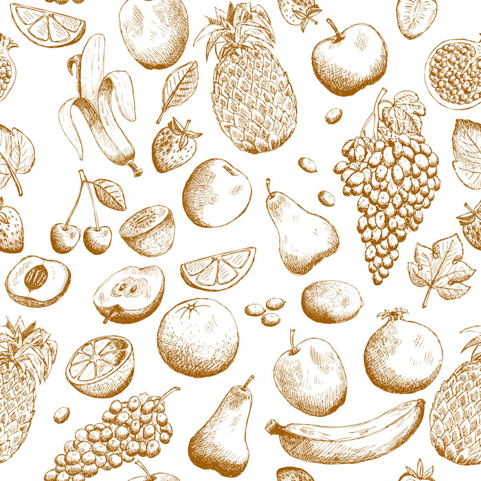 Illustrated fruits as drawing prompts when lacking ideas, including bananas, pineapples, and grapes on a white background.