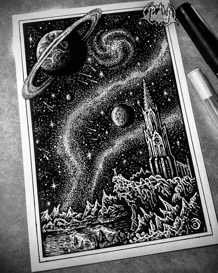 Starry night drawing featuring planets, galaxy, and a cathedral, ideal for drawing prompts inspiration.