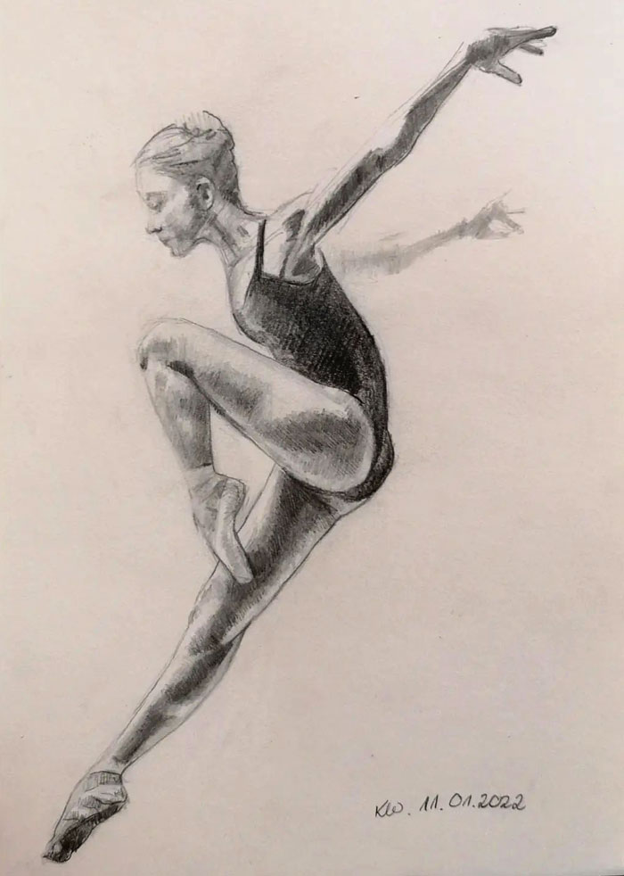 Sketch of a ballet dancer in mid-air, capturing dynamic movement, perfect for drawing prompts inspiration.